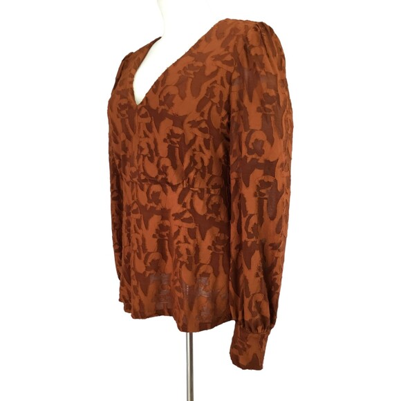 Eva Franco Anthropologie Burnout Velvet Top sz XS Puff Sleeve Sheer Rust Orange - Picture 6 of 16